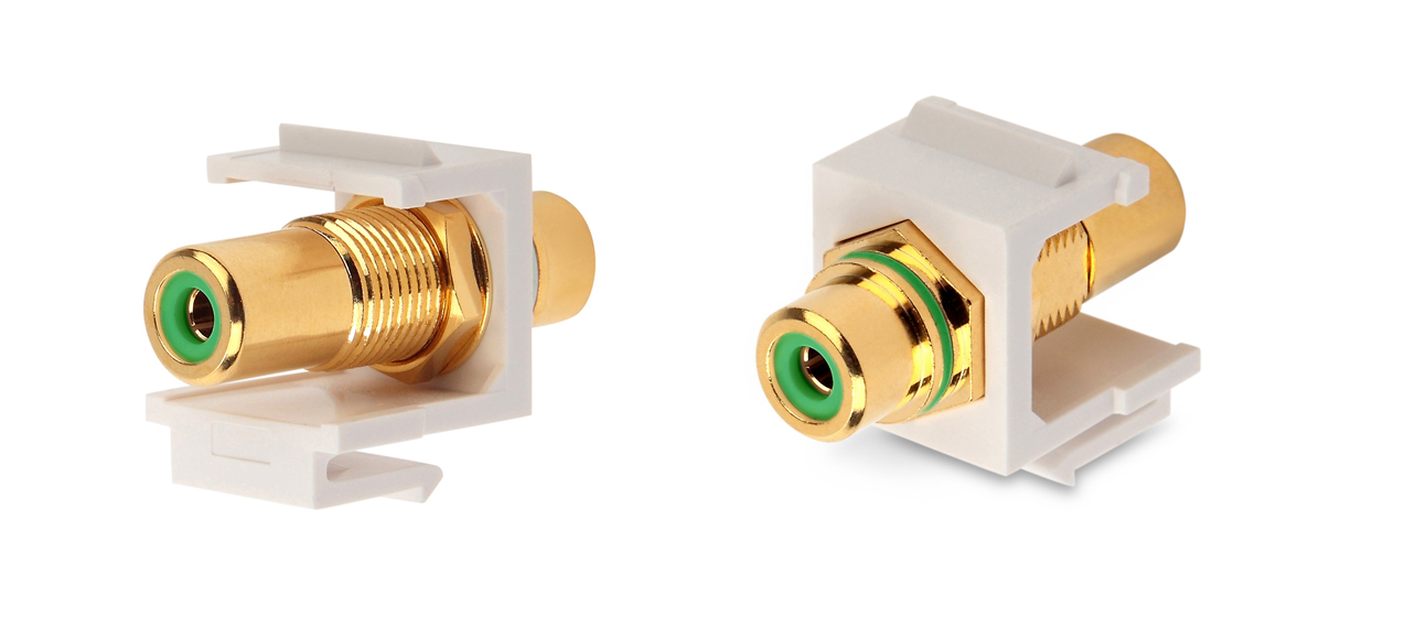 Вставка формата Keystone Jack с проходным адаптером RCA (зеленый), Hex. type, gold plated, ROHS, белая