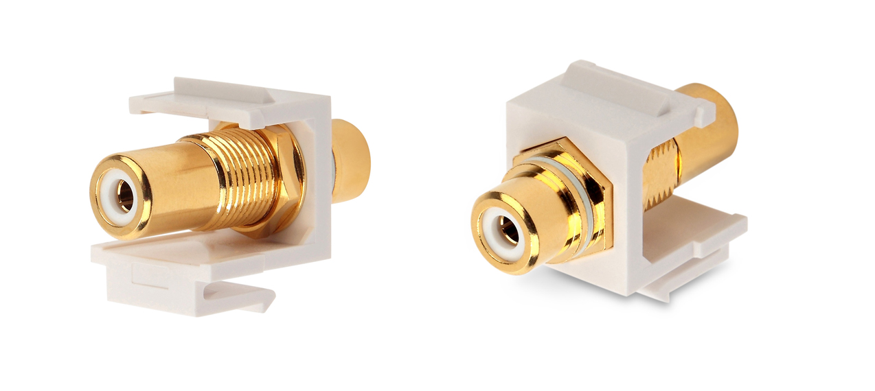 Вставка формата Keystone Jack с проходным адаптером RCA (белый), Hex. type, gold plated, ROHS, белая