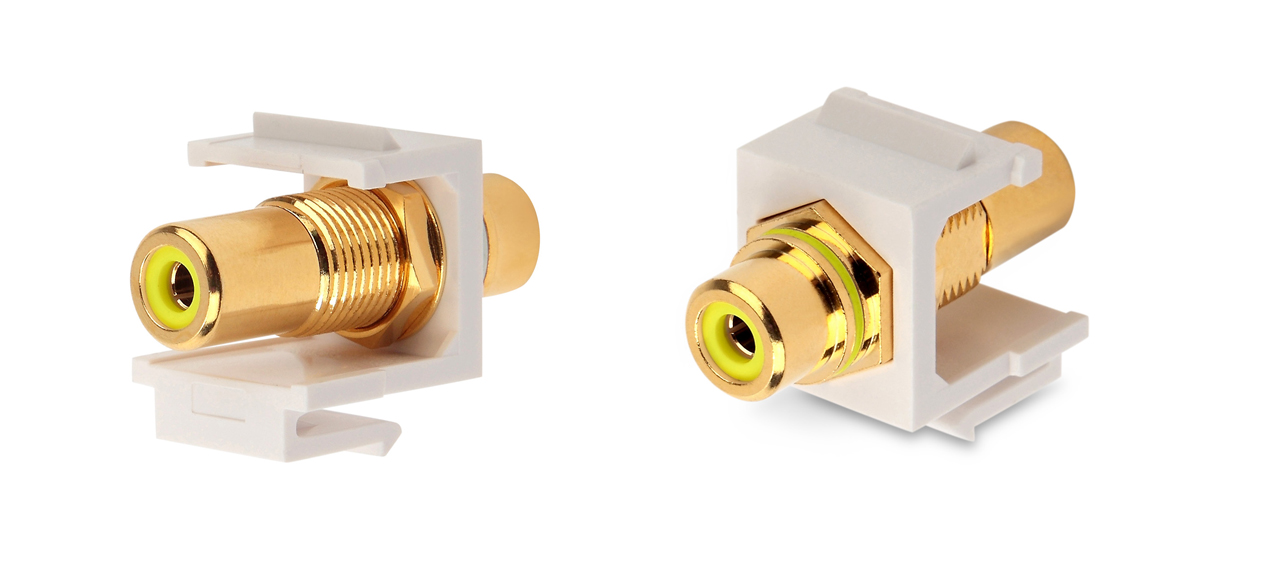 Вставка формата Keystone Jack с проходным адаптером RCA (желтый), Hex. type, gold plated, ROHS, белая