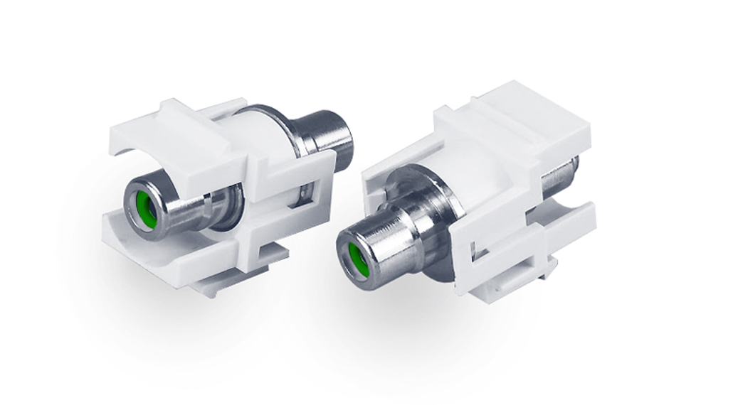 Вставка формата Keystone Jack с проходным адаптером RCA (зеленый), D type, ROHS, белая